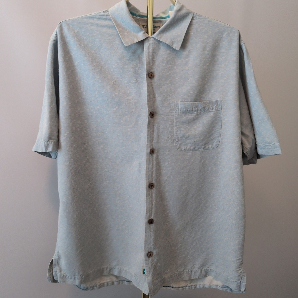 Caribbean Silk Shirt Mens L Light Blue Short Sleeve Textured Camp Beach Resort